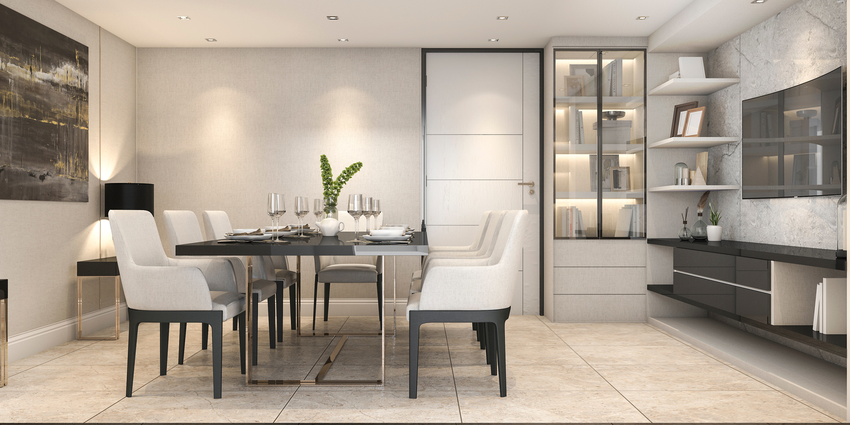 3d rendering blue dining set in modern luxury dining room near door